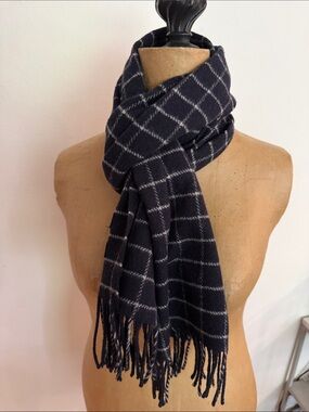 Ralph Lauren lambswool/cashmere navy  white Windowpane Plaid Scarf great cond